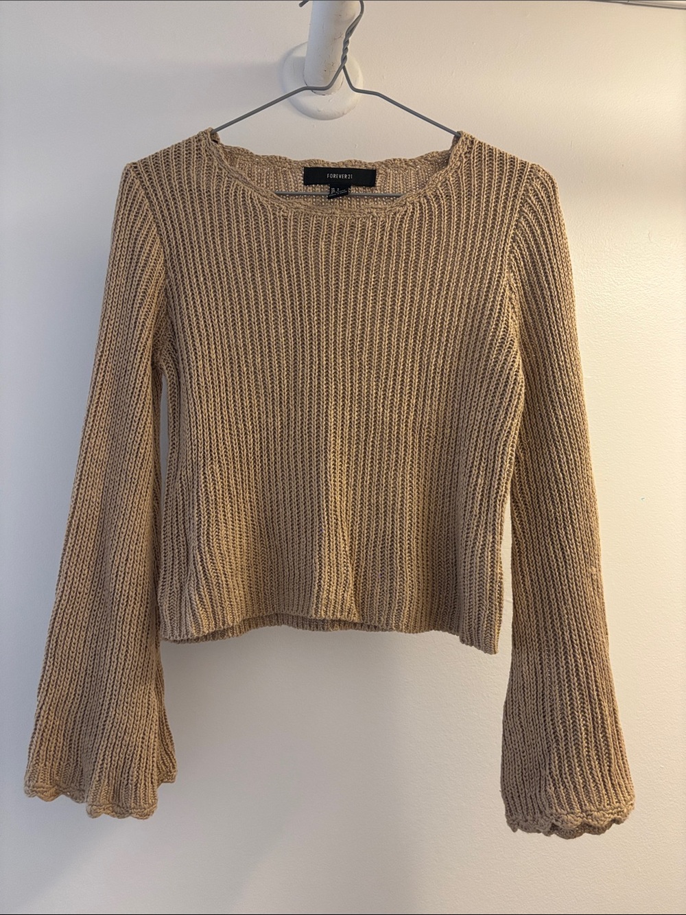 Forever 21 Tan Ribbed Knit Bell-Sleeve Sweater
